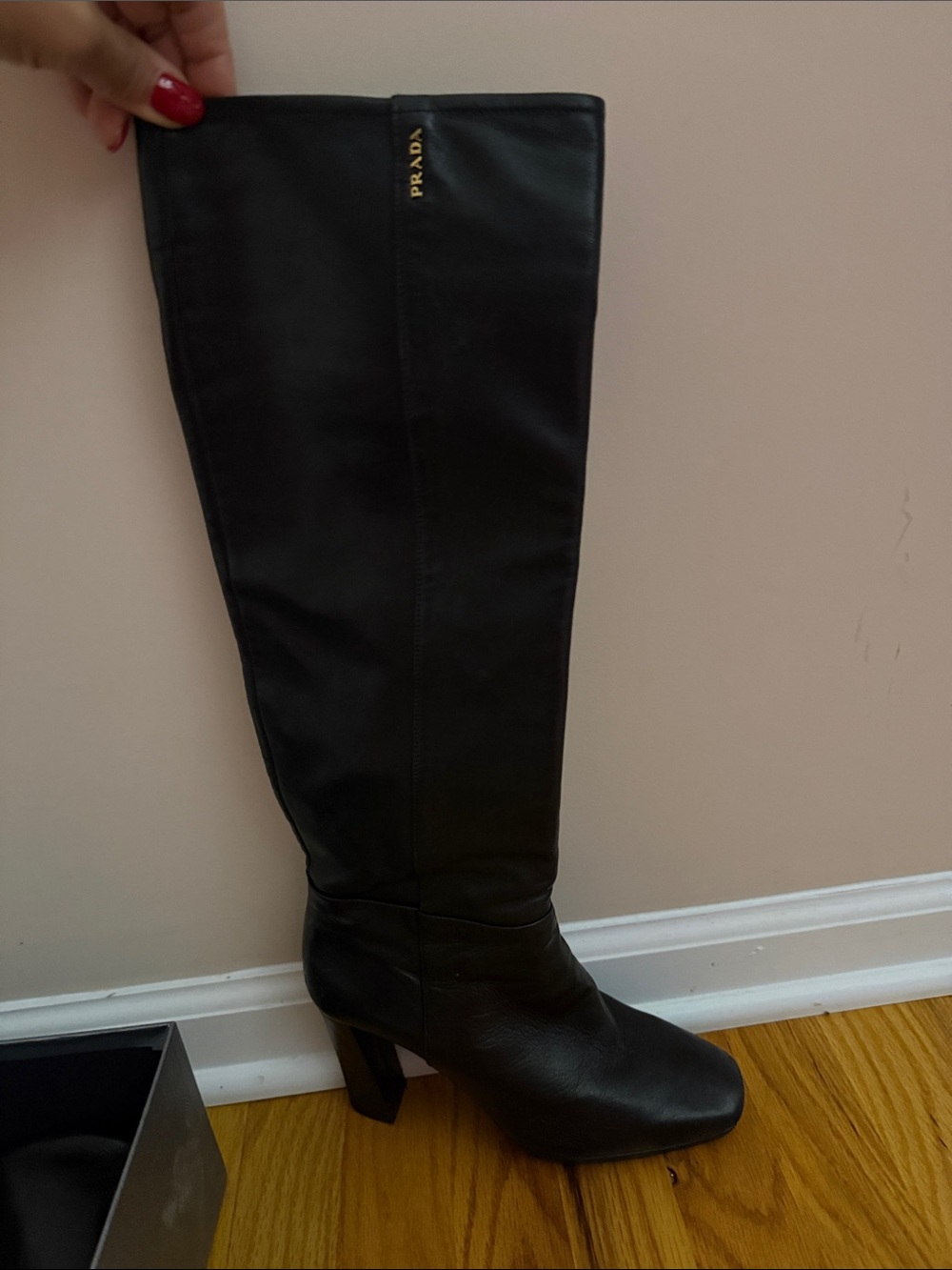 Prada Black Leather Over-the-Knee Heel Boots